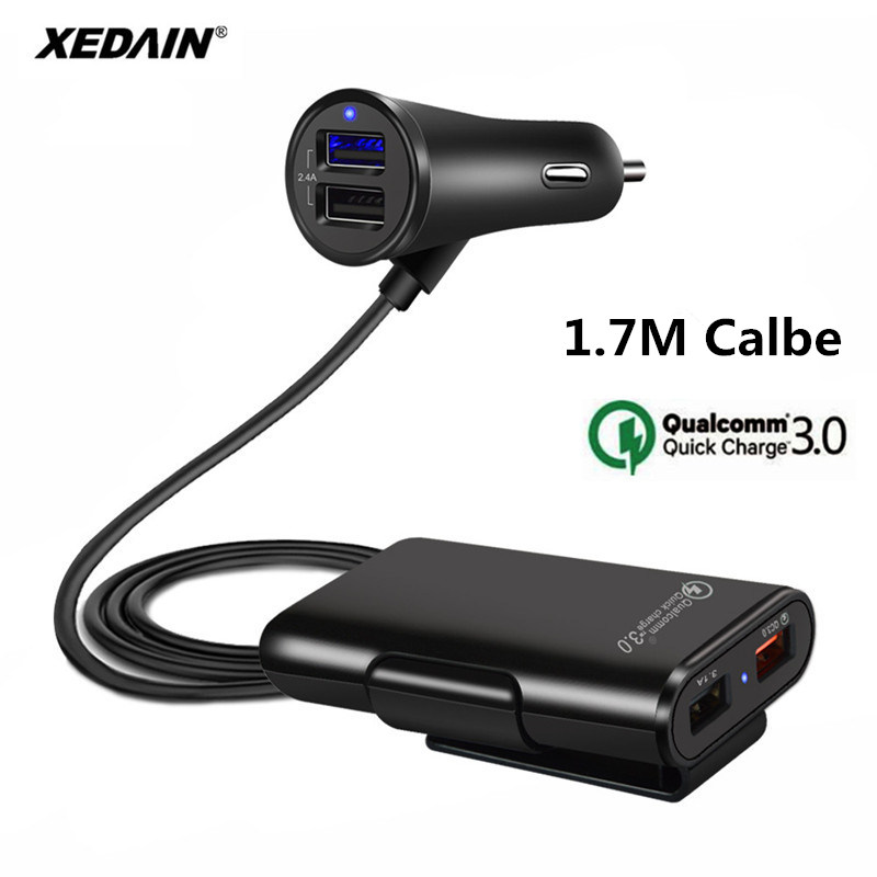 Quick QC3.0 Car Charger 2.4A+3.1A 4 USB Port with 5.6ft Extension Cord Cable for Back Seat Charge