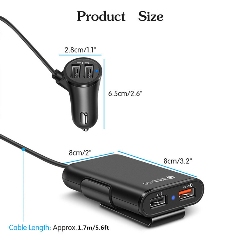Quick QC3.0 Car Charger 2.4A+3.1A 4 USB Port with 5.6ft Extension Cord Cable for Back Seat Charge