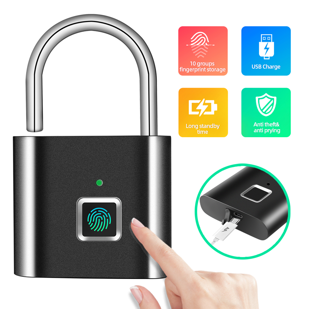 Security Door Lock Smart Keyless USB Rechargeable Fingerprint Padlock For Locker Sports School