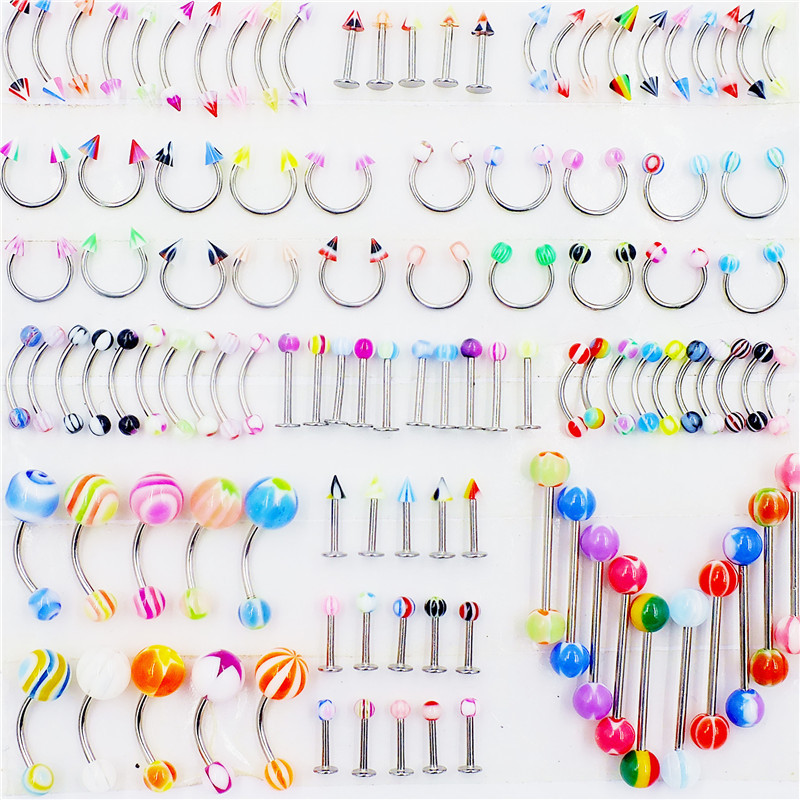 110Pcs Mixed Navel Eyebrow Lip Tongue Ring Nose Rings Studs Body Jewelry Wholesale