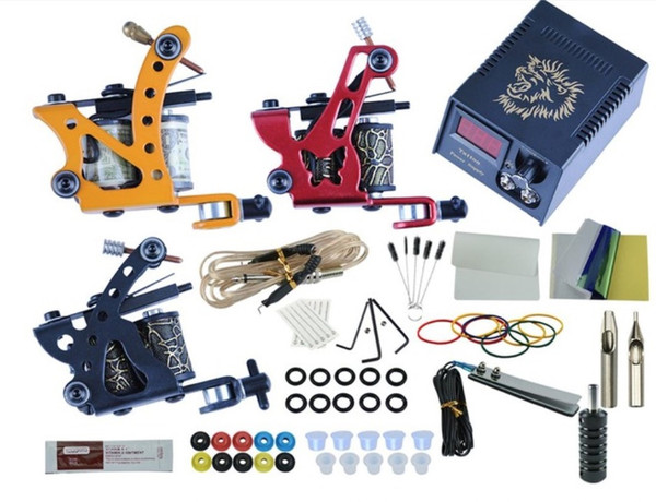 Complete Tattoo Kit 3 Tattoo Machines Gun Black Ink Set Power Supply Grips Body Art Tools Permanent