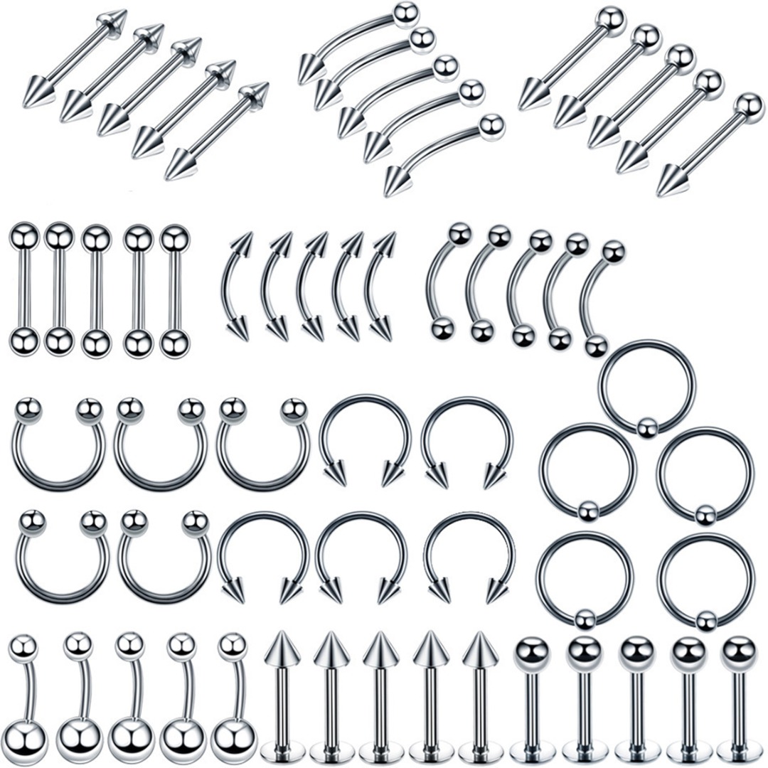 60pcs 6/8/10mm Mix Stainless Steel Ear Nose Lip Tongue Ring Unisex Hip Hop Body Piercing Jewelry