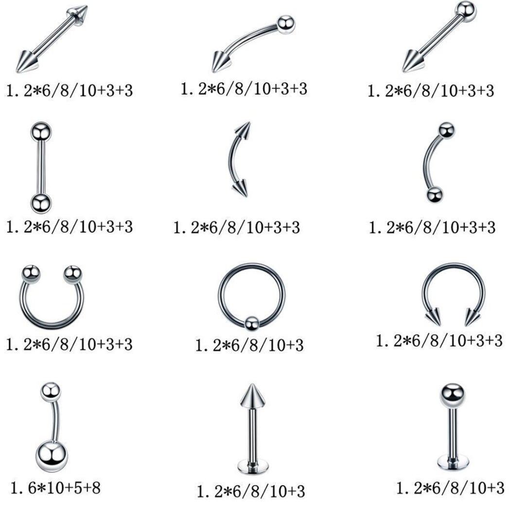 60pcs 6/8/10mm Mix Stainless Steel Ear Nose Lip Tongue Ring Unisex Hip Hop Body Piercing Jewelry
