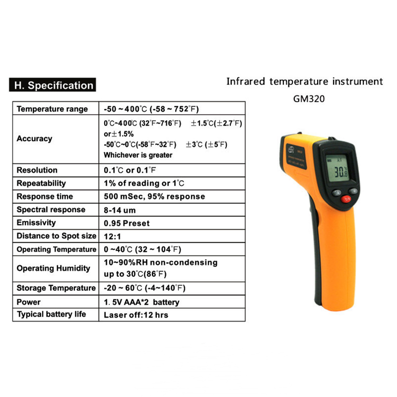 Industrial IR Thermometer Digital Handheld Temperature Gun High Precision -50~400C with LCD display