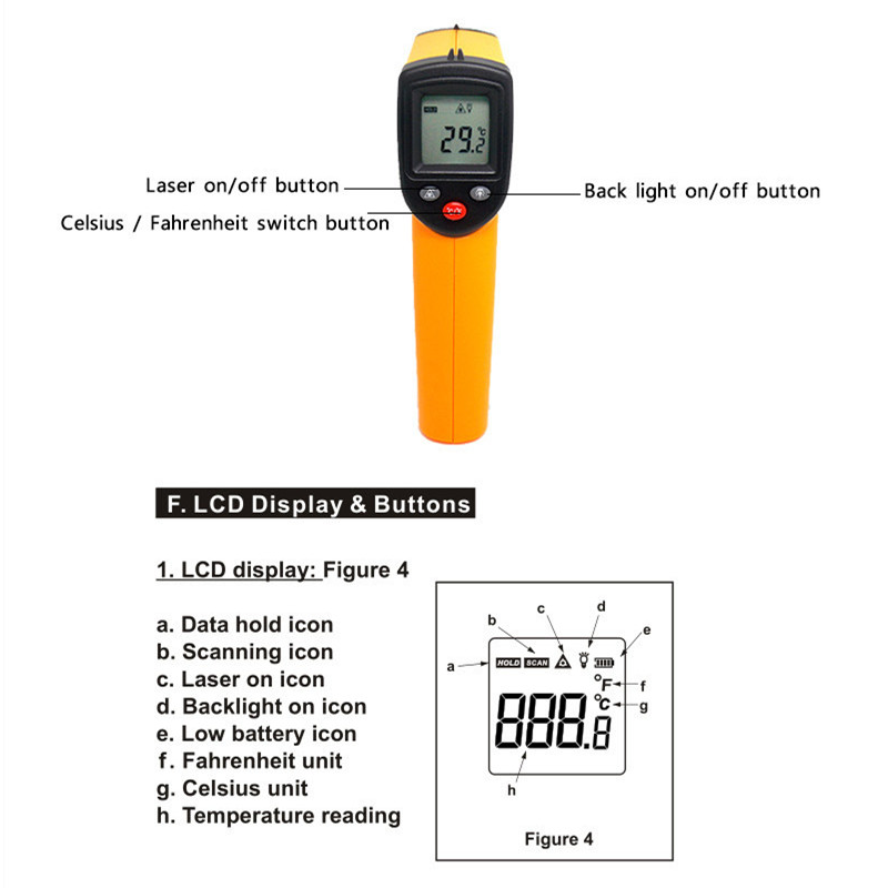 Industrial IR Thermometer Digital Handheld Temperature Gun High Precision -50~400C with LCD display