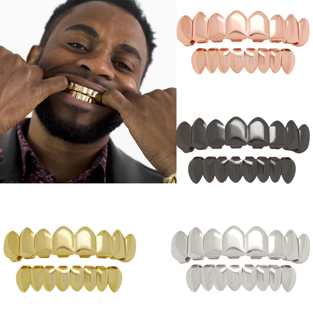 Gold Teeth Grillz Top Bottom Dental Tooth Halloween Vampire Teeth Caps Cosply Jewelry For Rapper