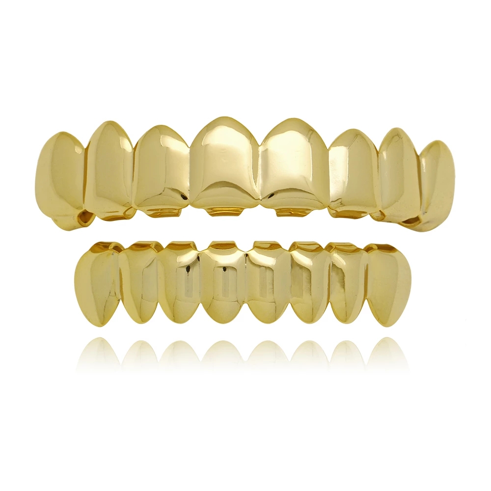 Gold Teeth Grillz Top Bottom Dental Tooth Halloween Vampire Teeth Caps Cosply Jewelry For Rapper