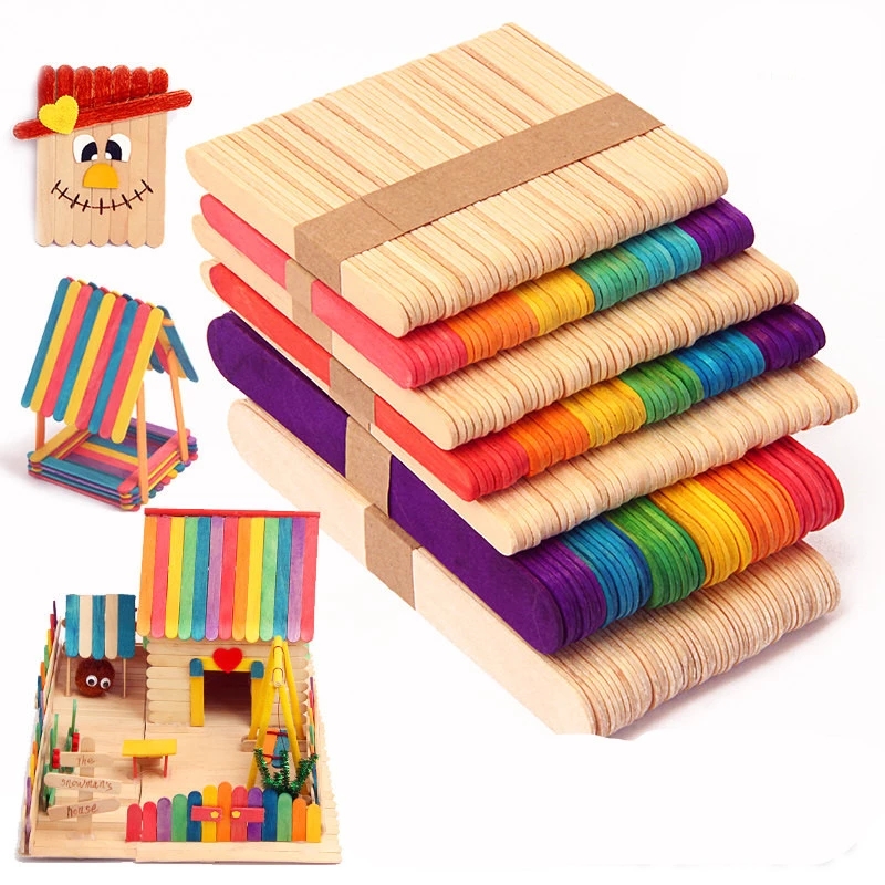 50pcs Multi Size Colorful Wooden Popsicle Sticks Natural Wood Ice Cream Stick Kids DIY Cake Tools