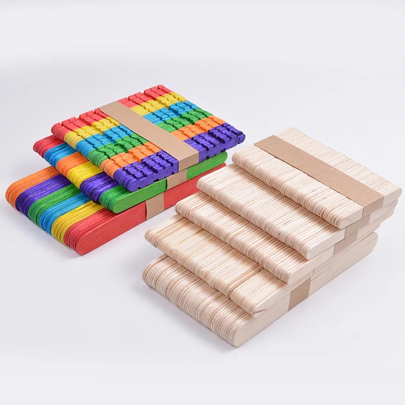 50pcs Multi Size Colorful Wooden Popsicle Sticks Natural Wood Ice Cream Stick Kids DIY Cake Tools