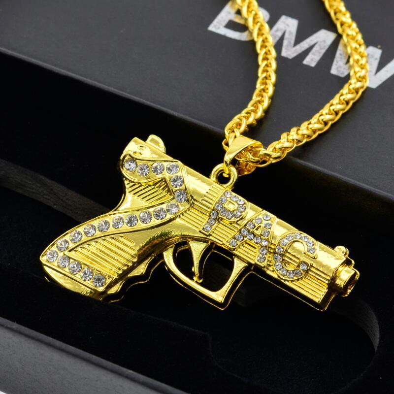 Hip Hop Necklace Jewelry Gift Iced Out Gun Gold Long Chain Necklaces Pistol Pendant Gold Necklaces