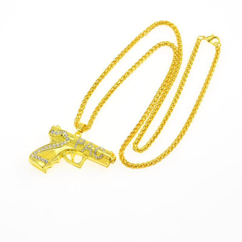 Hip Hop Necklace Jewelry Gift Iced Out Gun Gold Long Chain Necklaces Pistol Pendant Gold Necklaces