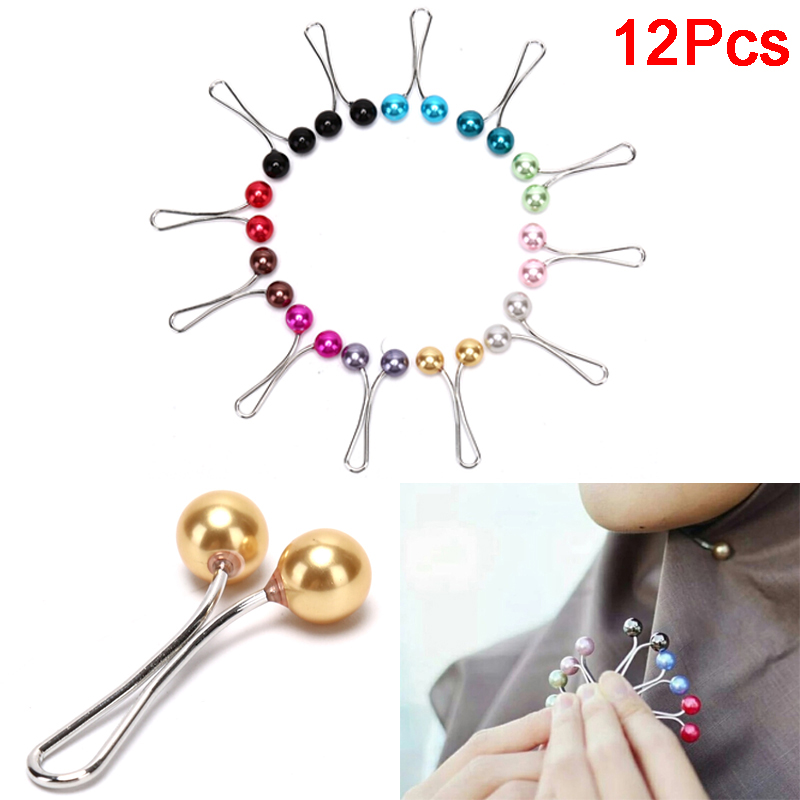 12pcs Pearl Scarf Brooch Pin Headscarf Clips Shawl Muslim Scarf Pin Hijab Anti Slip Brooch