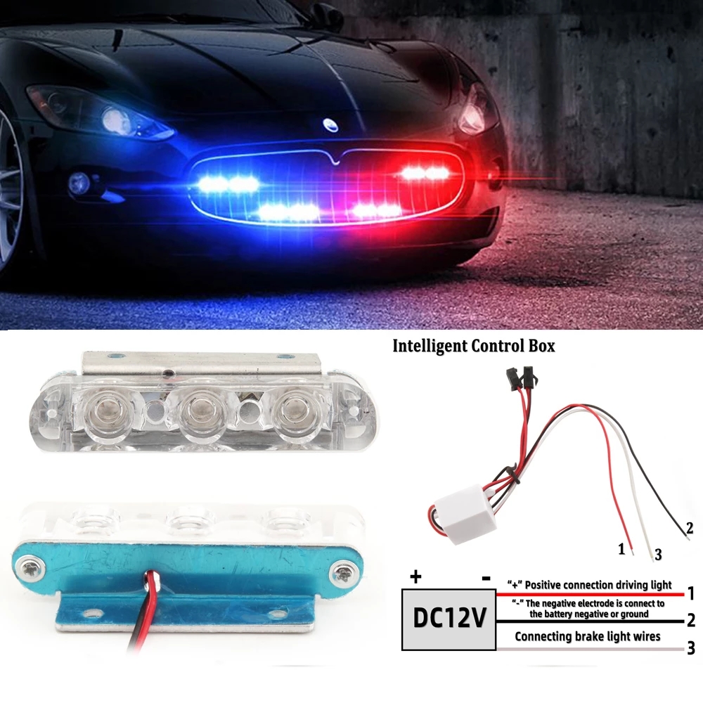 Police Flashing Warning LED Rear Brake Stop Lights Strobe Red Blue Light Auto Flash Light 3 LED 12V