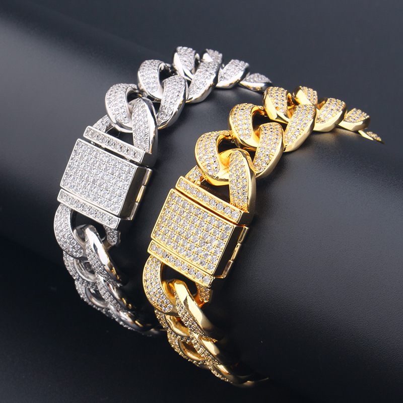 8"Chunky Miami Cuban Chain Bracelet AAA Zirconia Men Hip hop Jewelry Gold Color Big Lock Bangle