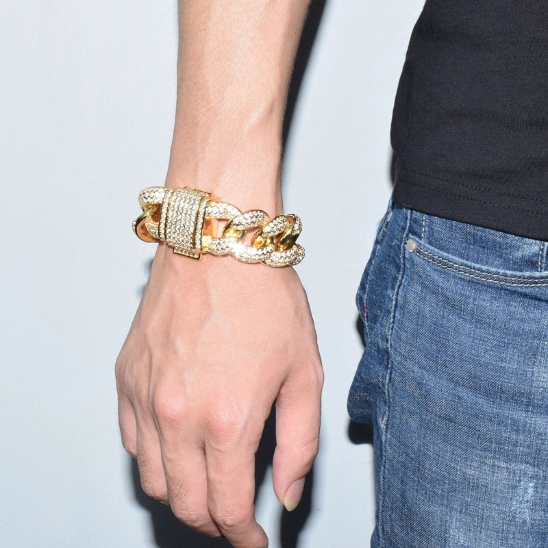 8"Chunky Miami Cuban Chain Bracelet AAA Zirconia Men Hip hop Jewelry Gold Color Big Lock Bangle