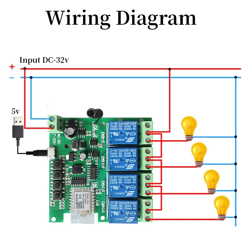 4CH Zigbee Smart Light Switch Module DC 5/12/32V RF433 Receive 10A Relays Work