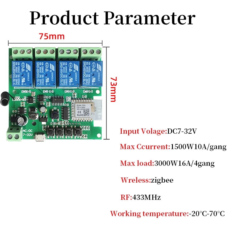 4CH Zigbee Smart Light Switch Module DC 5/12/32V RF433 Receive 10A Relays Work