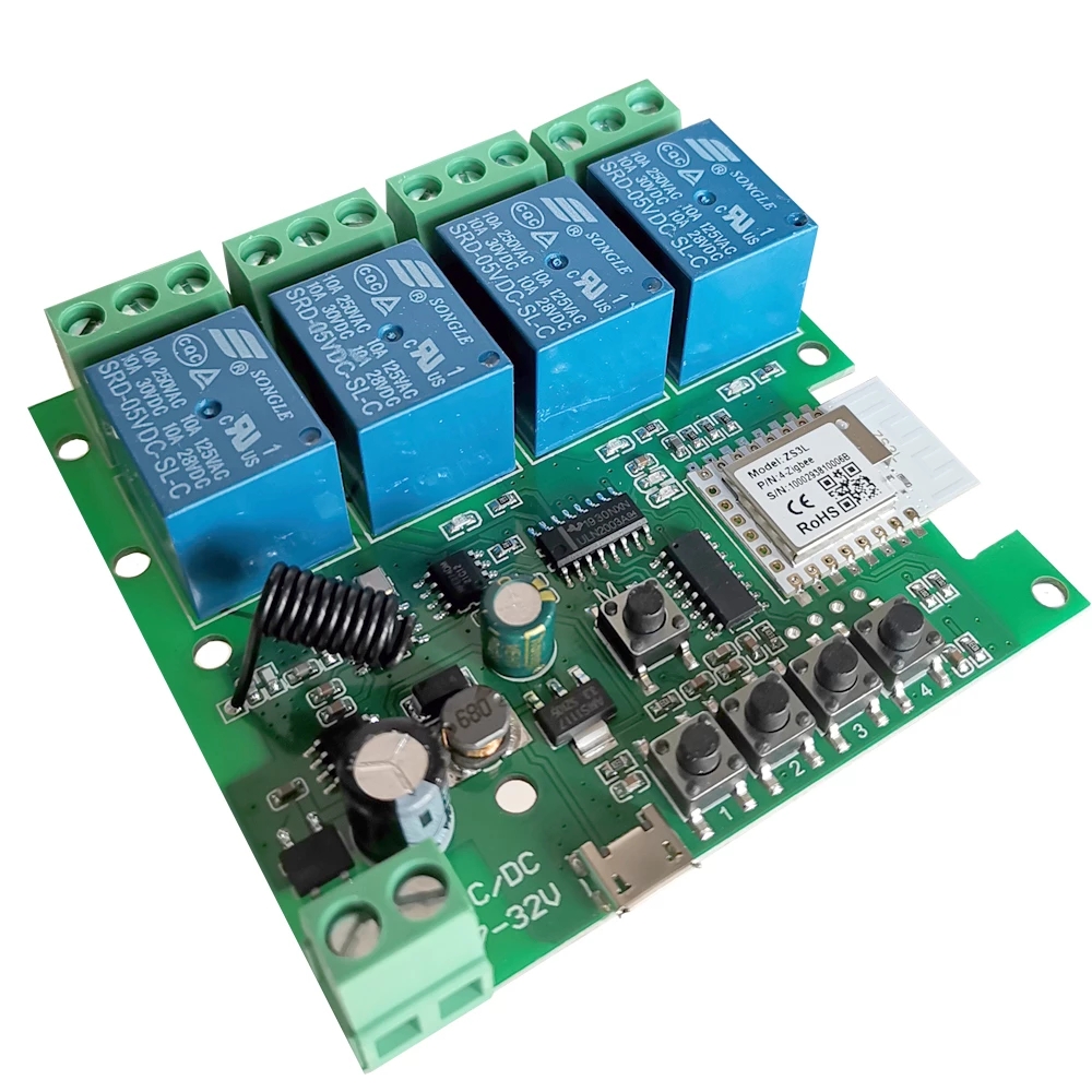 4CH Zigbee Smart Light Switch Module DC 5/12/32V RF433 Receive 10A Relays Work