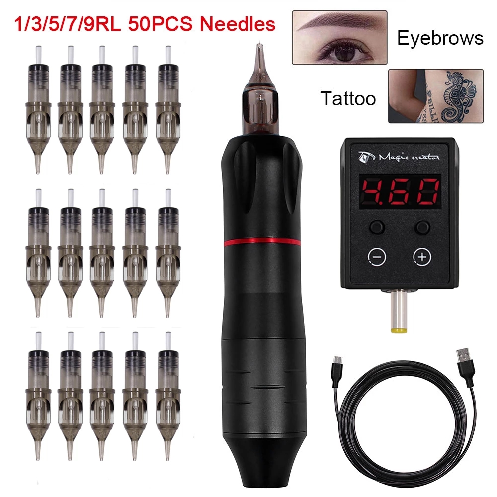 Tattoo Machine Kit Tattoo Pen Machine with Wireless Tattoo Power Supply Cartridge Needles Complete