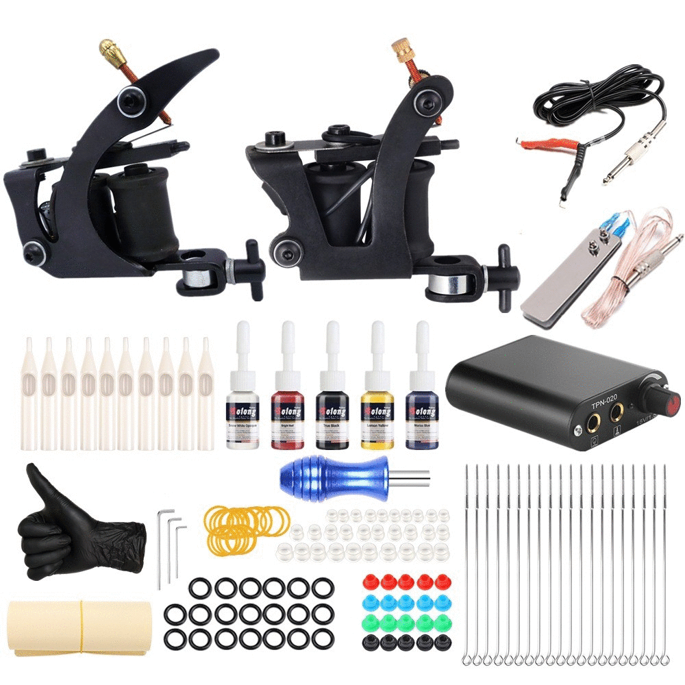 Dual Set of Self-taught Tattoo Machine Kits Gun Machine Power Pedal Ink Sets