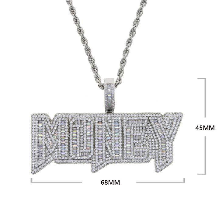 New Iced Out Bling Letters Money Pendant Necklace Gold Silver Color Rectangle CZ Zircon Charm Men's Women Hip Hop Jewelry