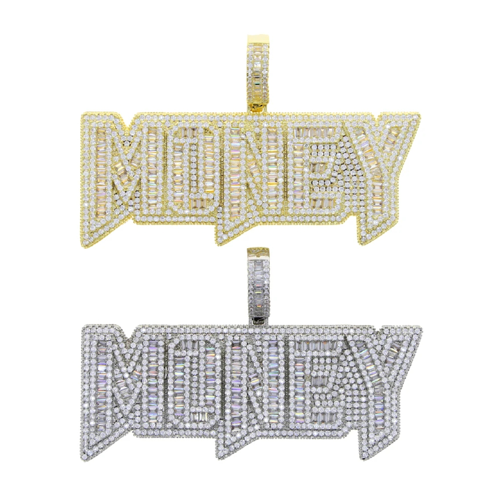 New Iced Out Bling Letters Money Pendant Necklace Gold Silver Color Rectangle CZ Zircon Charm Men's Women Hip Hop Jewelry