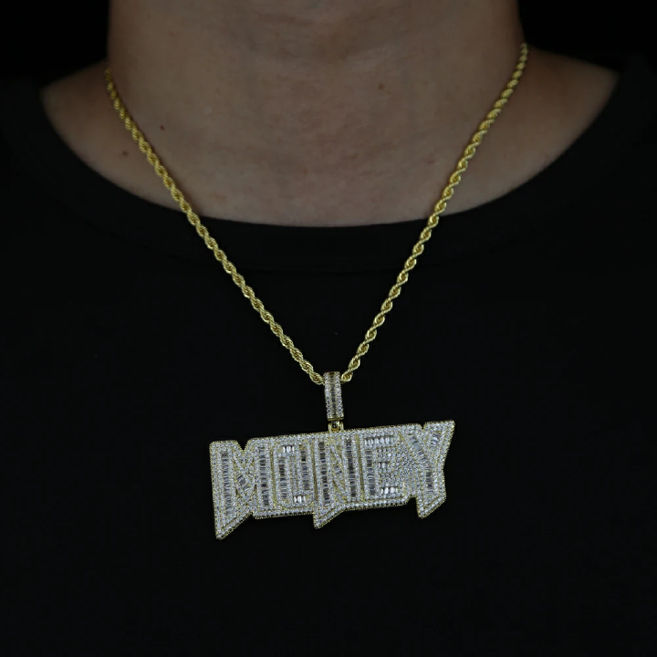 New Iced Out Bling Letters Money Pendant Necklace Gold Silver Color Rectangle CZ Zircon Charm Men's Women Hip Hop Jewelry
