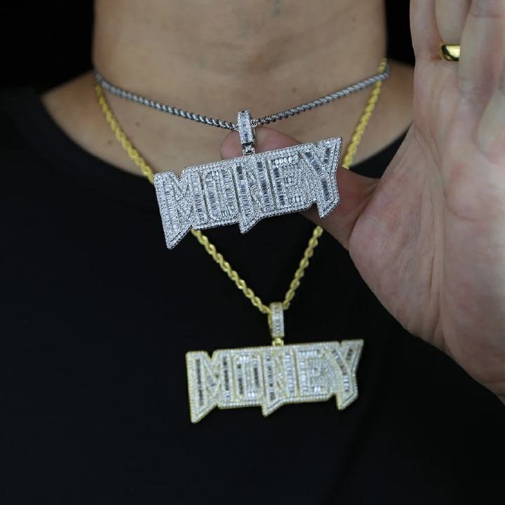 New Iced Out Bling Letters Money Pendant Necklace Gold Silver Color Rectangle CZ Zircon Charm Men's Women Hip Hop Jewelry