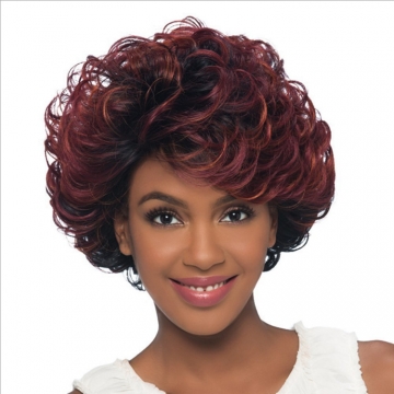 female colour short curly hair fluffy wig black matte red wine