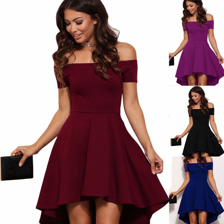 Summer Elegant Party Slash Neck Off Shoulder Dress Evening Party Dress Pure Color Dress