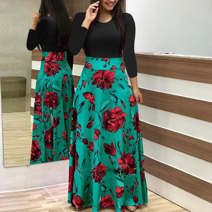 women o neck long sleeve dress floral print spring autumn winter long elegant maxi dress