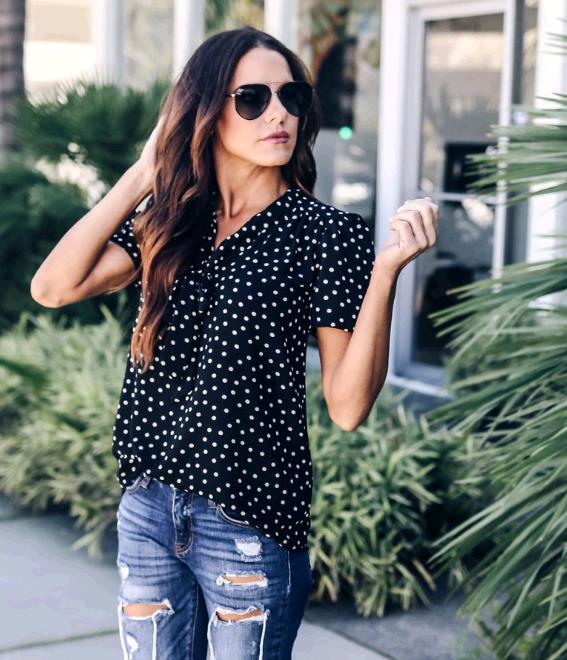 women chiffon loose dot shirt v neck short sleeve tops t shirt summer spring casual top t shirt