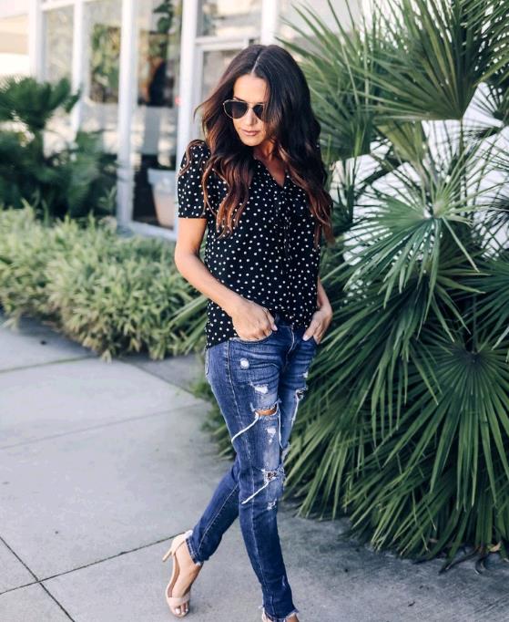 women chiffon loose dot shirt v neck short sleeve tops t shirt summer spring casual top t shirt