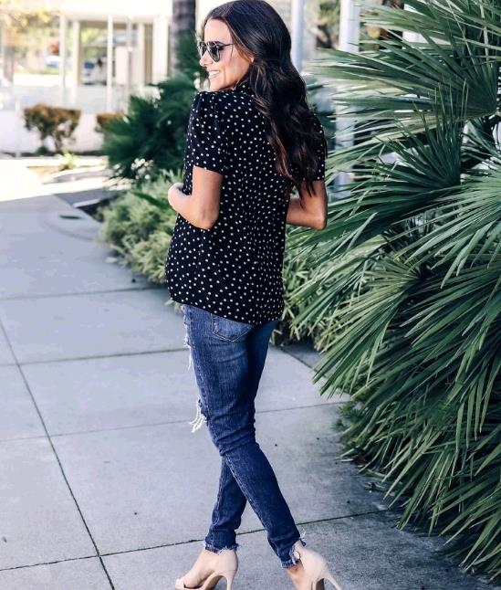 women chiffon loose dot shirt v neck short sleeve tops t shirt summer spring casual top t shirt