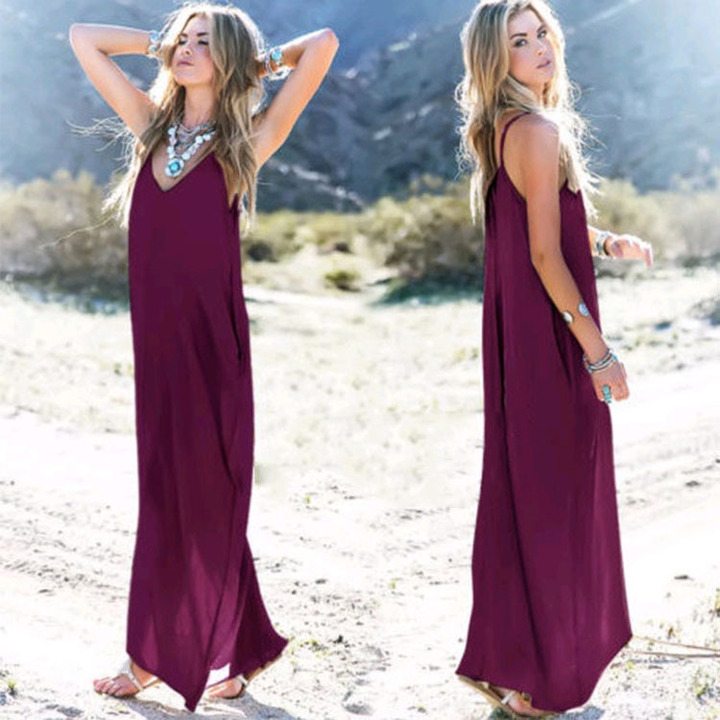 women casual leisure strap dress sleeveless maxi dress pocket loose summer holiday long dress