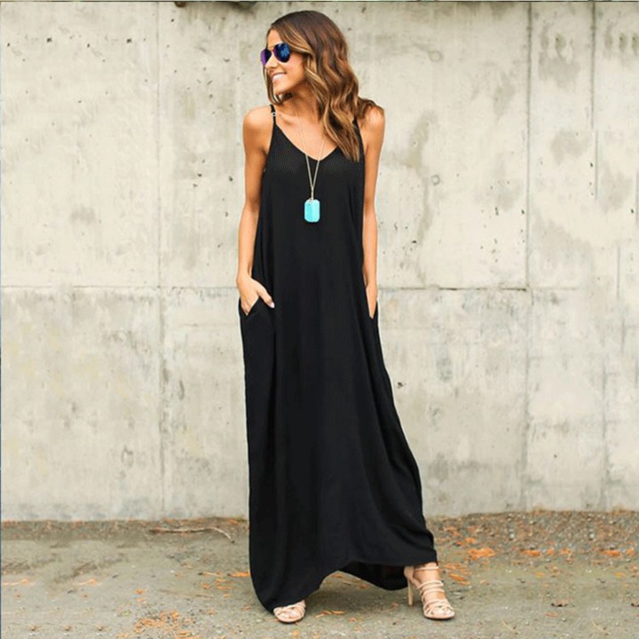 women casual leisure strap dress sleeveless maxi dress pocket loose summer holiday long dress
