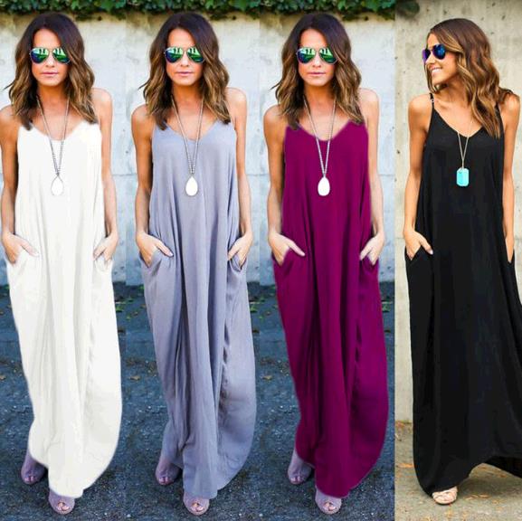 women casual leisure strap dress sleeveless maxi dress pocket loose summer holiday long dress
