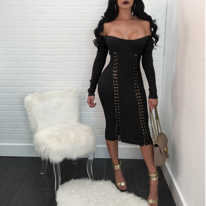 new women sexy bandage slash neck dress lady casual midi dress night evening party bodycon dress