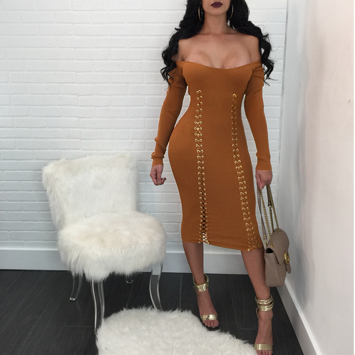 new women sexy bandage slash neck dress lady casual midi dress night evening party bodycon dress