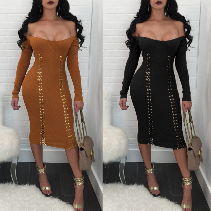 new women sexy bandage slash neck dress lady casual midi dress night evening party bodycon dress