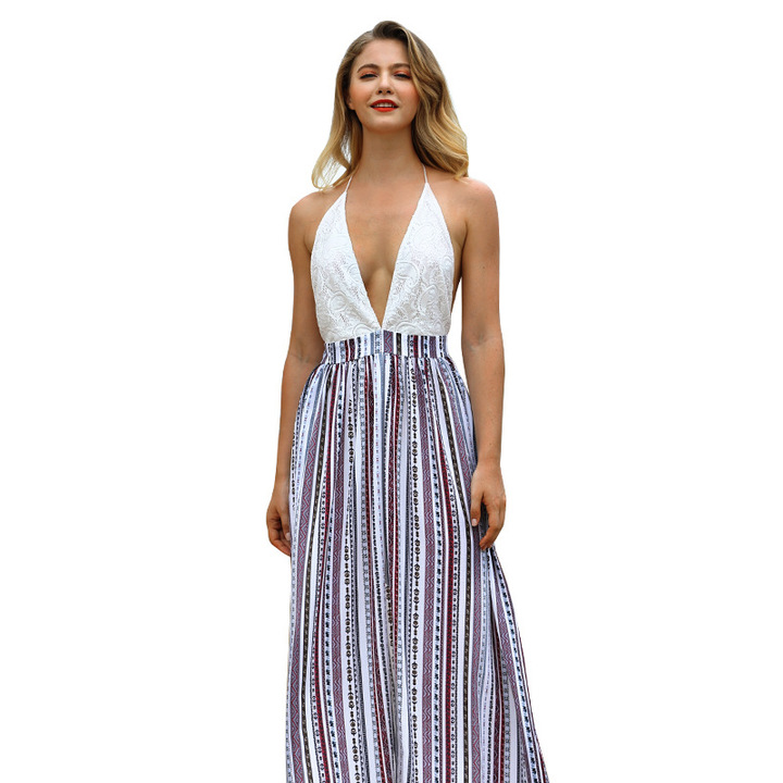 new summer strap backless dress lady striped dress vintage summer holiday long backless maxi dress