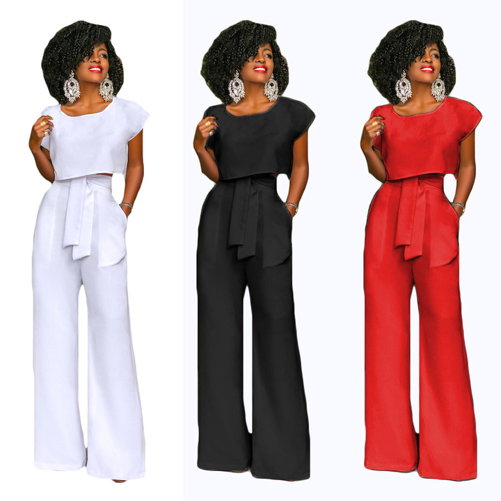 women sexy Leggings o-neck short tops full length pant two piece set wide leg pants trousers set