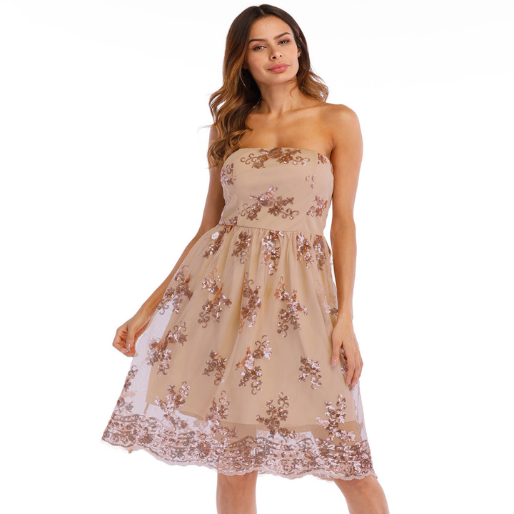 women sequined strapless sleeveless midi dress beach summer dress floral evening party dress