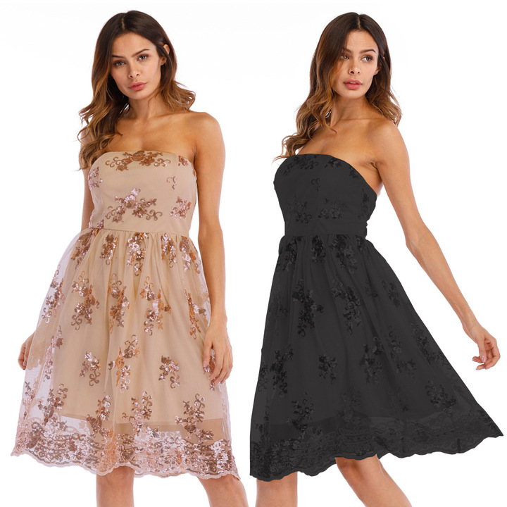 women sequined strapless sleeveless midi dress beach summer dress floral evening party dress