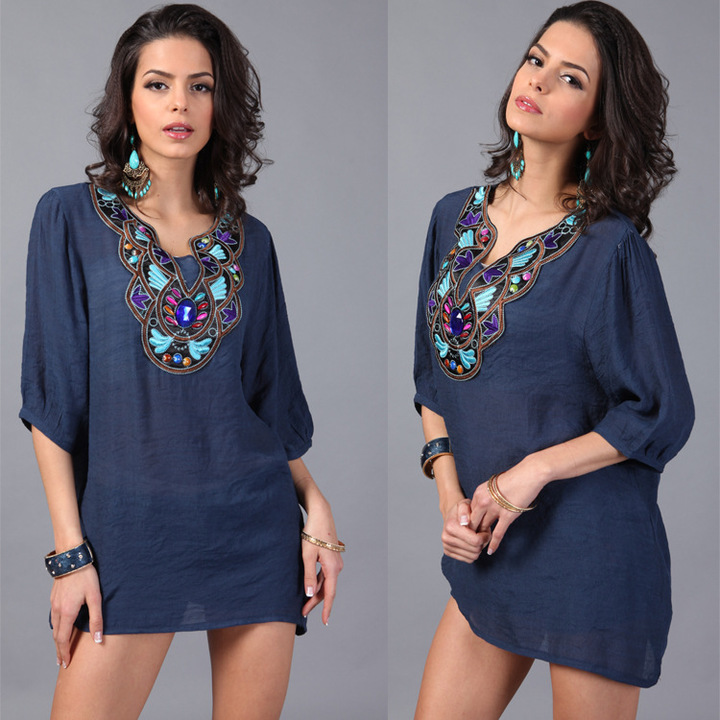 women embroidery v-neck half sleeve floral t-shirt spring work office formal tops t-shirt plus size