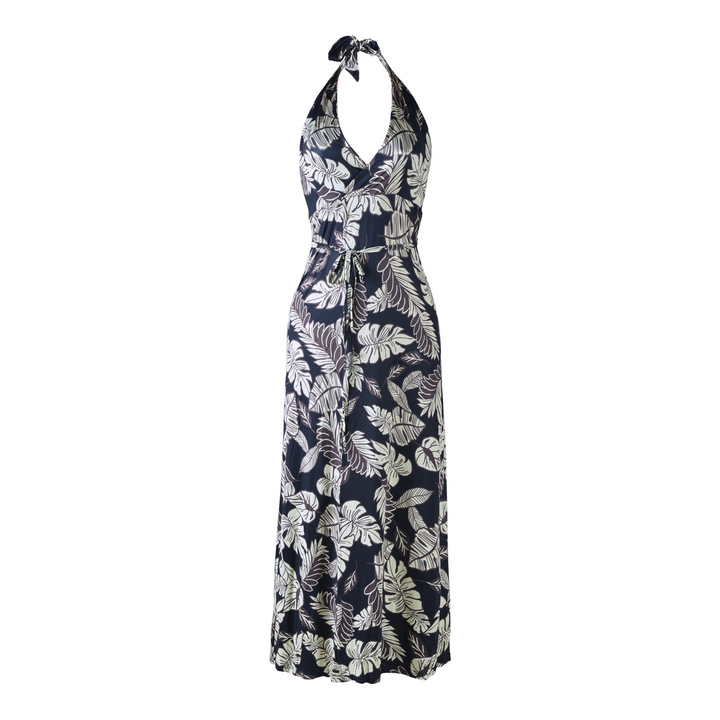women sexy halter floor-length dress lady summer split print evening party holiday backless dress
