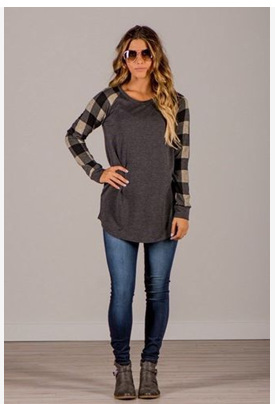 women casual o-neck patchwork full sleeve plaid t-shirt spring work office tops t-shirt brand