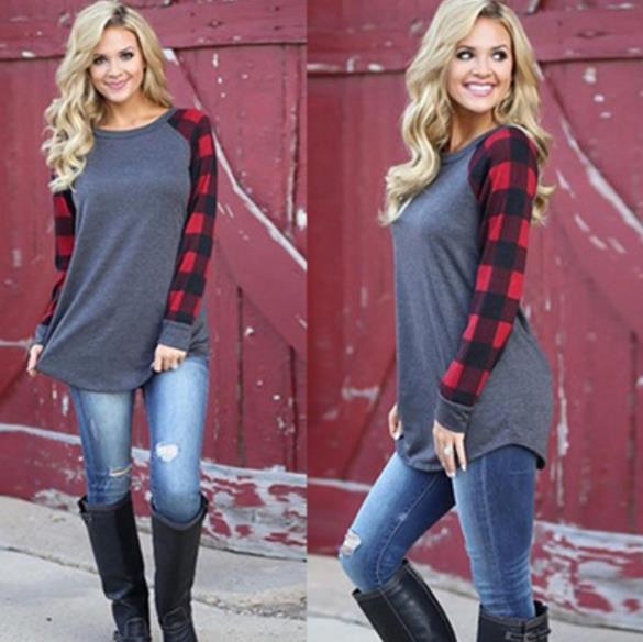 women casual o-neck patchwork full sleeve plaid t-shirt spring work office tops t-shirt brand
