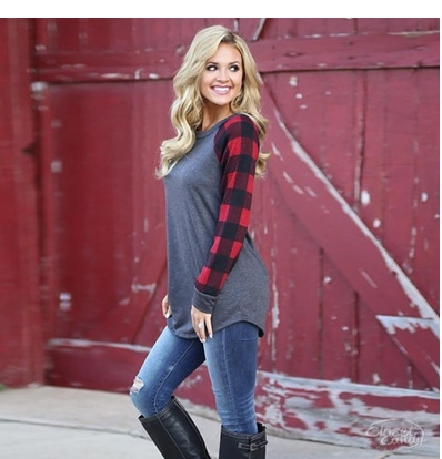 women casual o-neck patchwork full sleeve plaid t-shirt spring work office tops t-shirt brand