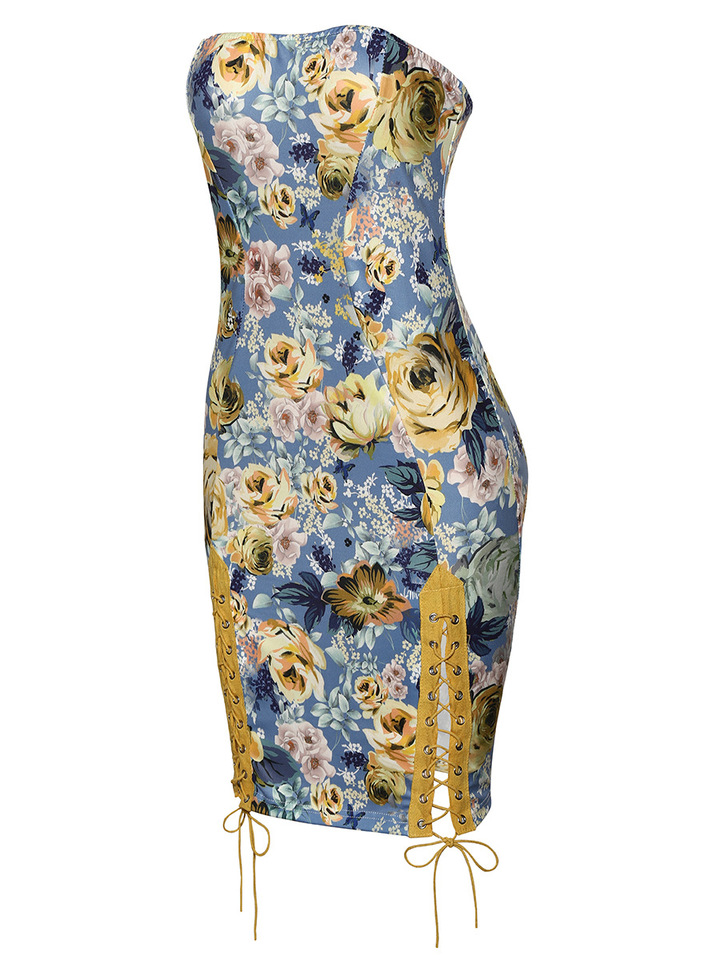 women sexy strapless knee-length dress lady summer evening party beach night club print dress brand